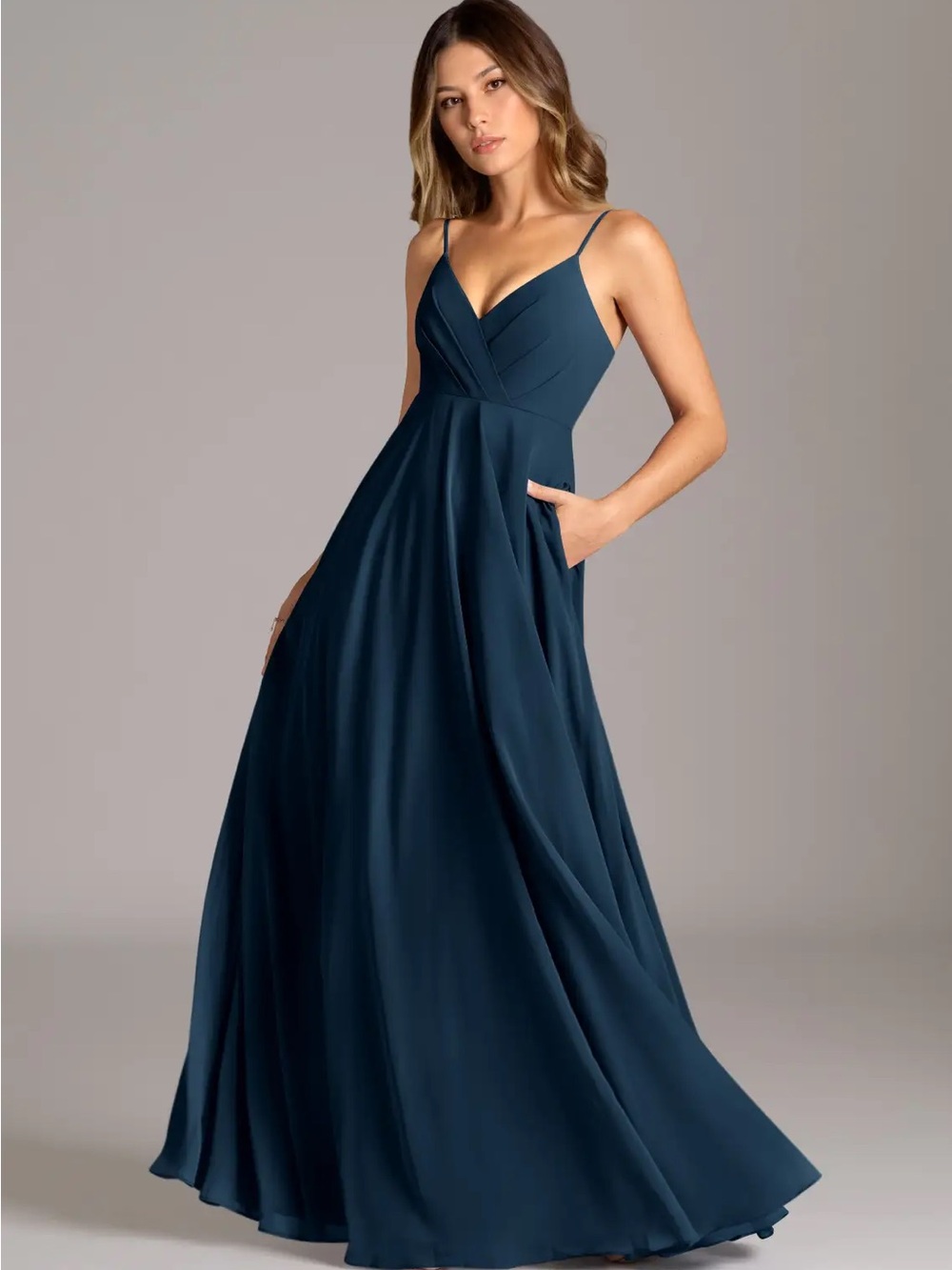 Azazie Dark Navy V-Neck Spaghetti Strap Maxi Dress
